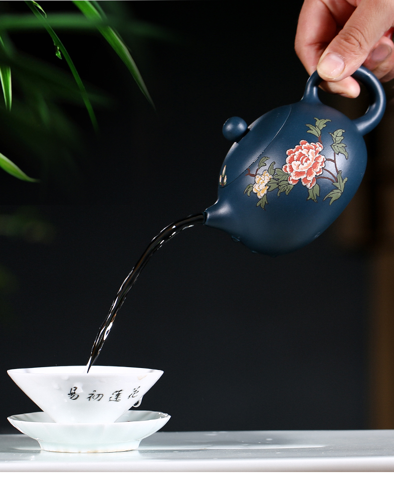 純手工紫砂壺，小巧琺瑯印花紫砂壺